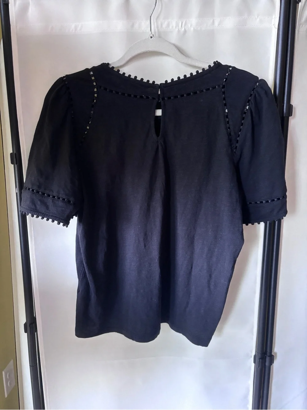 Boden Black Short Sleeve Pom-Pom Trim Blouse
